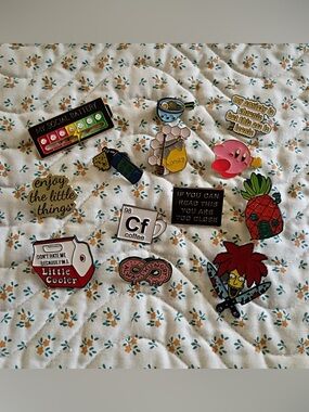 Lot of 13 assorted fun pins for lapel, tie, jacket, hat, collection & more.
